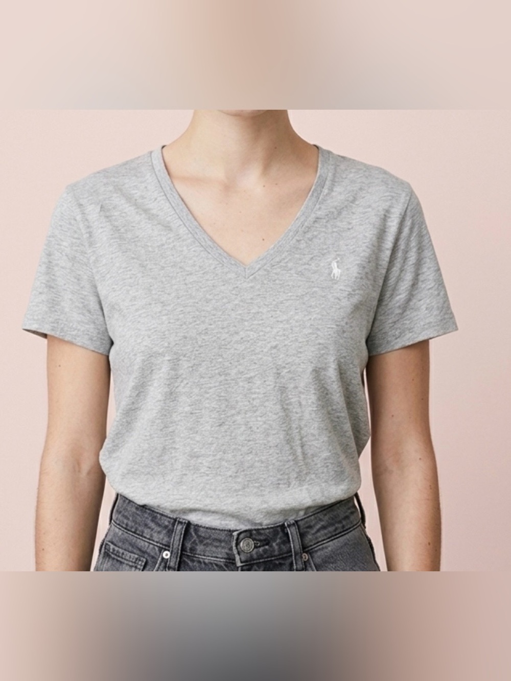 POLO RALPH LAUREN Women’s Light Gray V-Neck Short Sleeve Tee With Polo Emblem